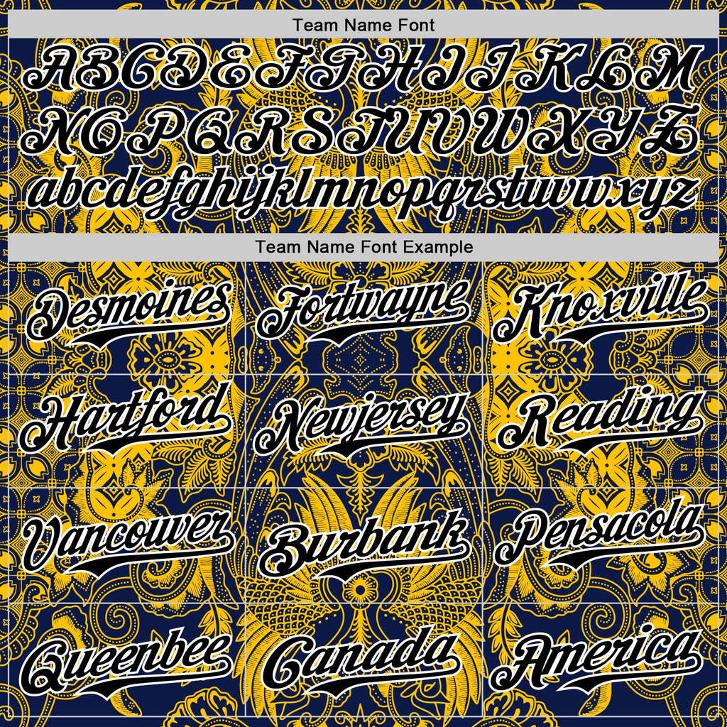 Custom Navy Black Yellow-White 3D Pattern Design Burner Costumes Paisley Authentic Baseball Jersey