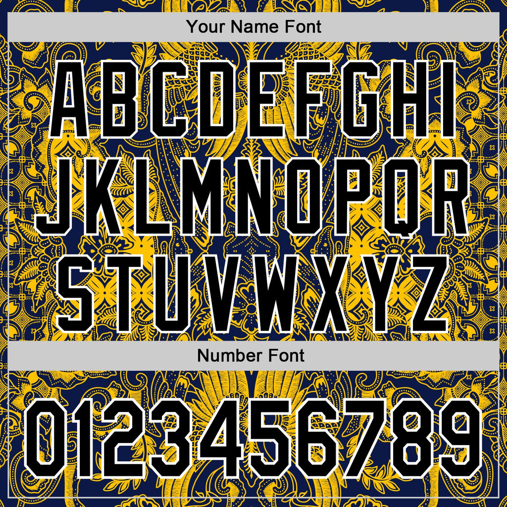 Custom Navy Black Yellow-White 3D Pattern Design Burner Costumes Paisley Authentic Baseball Jersey