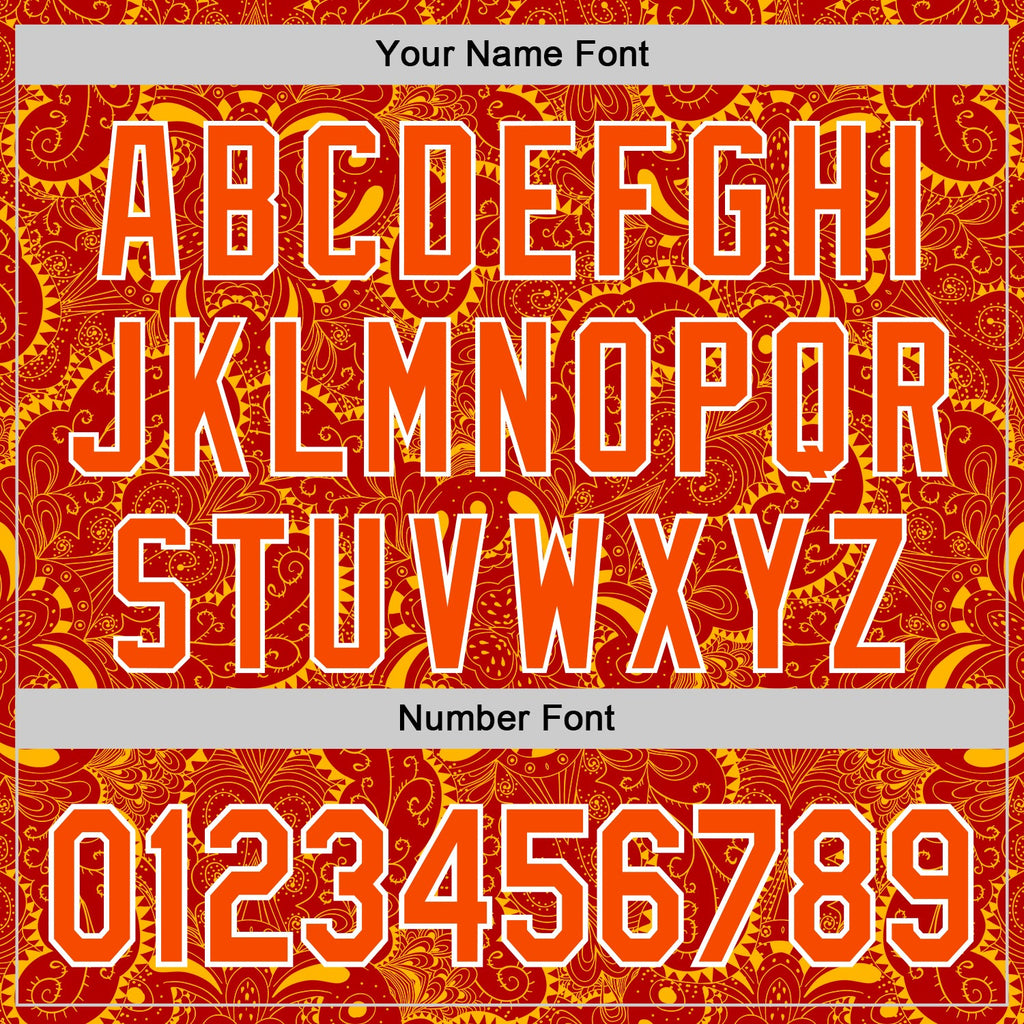 Custom Red Orange Gold-White 3D Pattern Design Burner Costumes Paisley Authentic Baseball Jersey