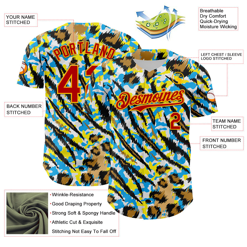 Custom White Red-Gold 3D Pattern Design Rave Party Animal Tiger And Leopard Print Authentic Baseball Jersey