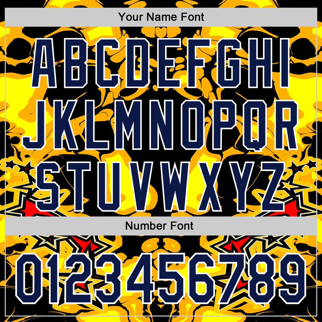 Custom Black Navy Yellow-White 3D Pattern Design Burner Costumes Flame Authentic Baseball Jersey