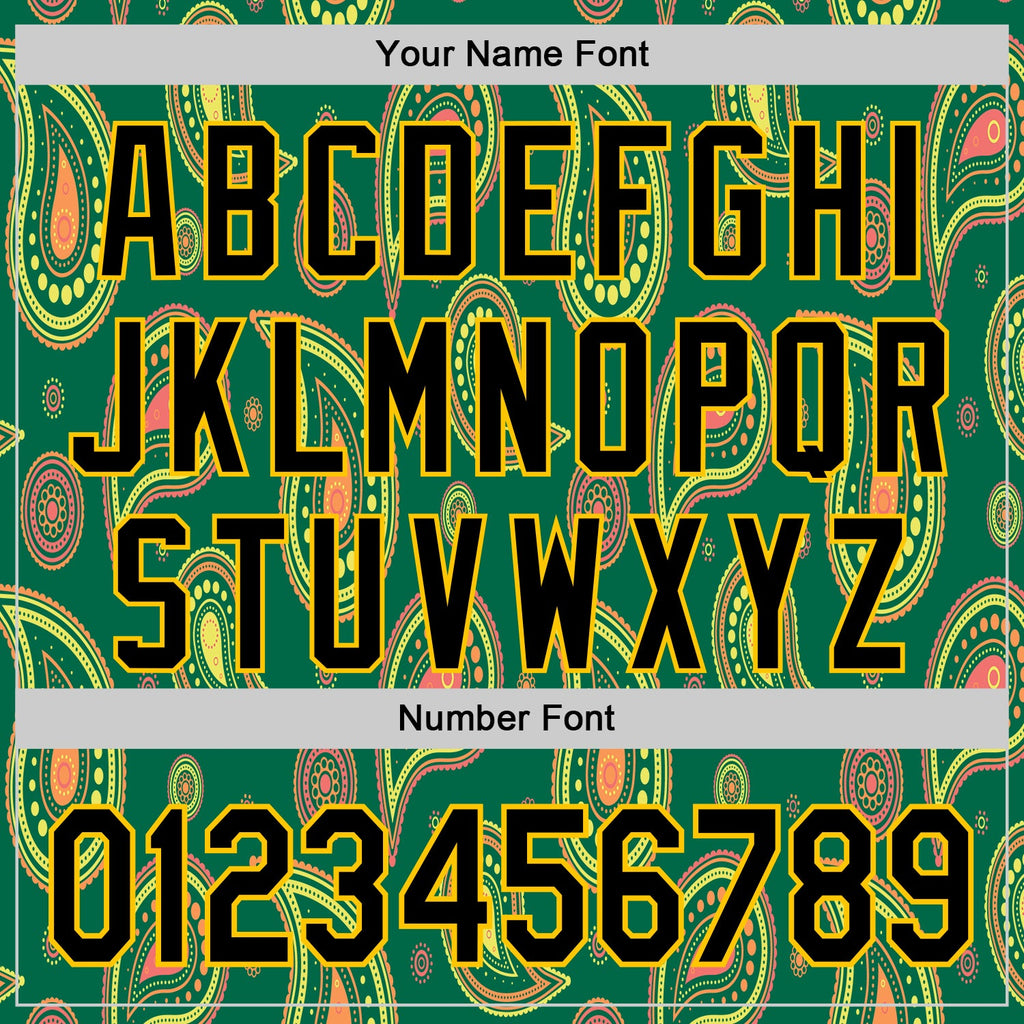 Custom Kelly Green Black-Yellow 3D Pattern Design Burner Costumes Paisley Bandana Authentic Baseball Jersey