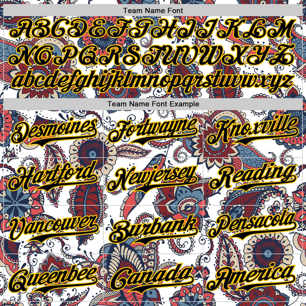Custom White Black-Yellow 3D Pattern Design Burner Costumes Paisley Bandana Authentic Baseball Jersey