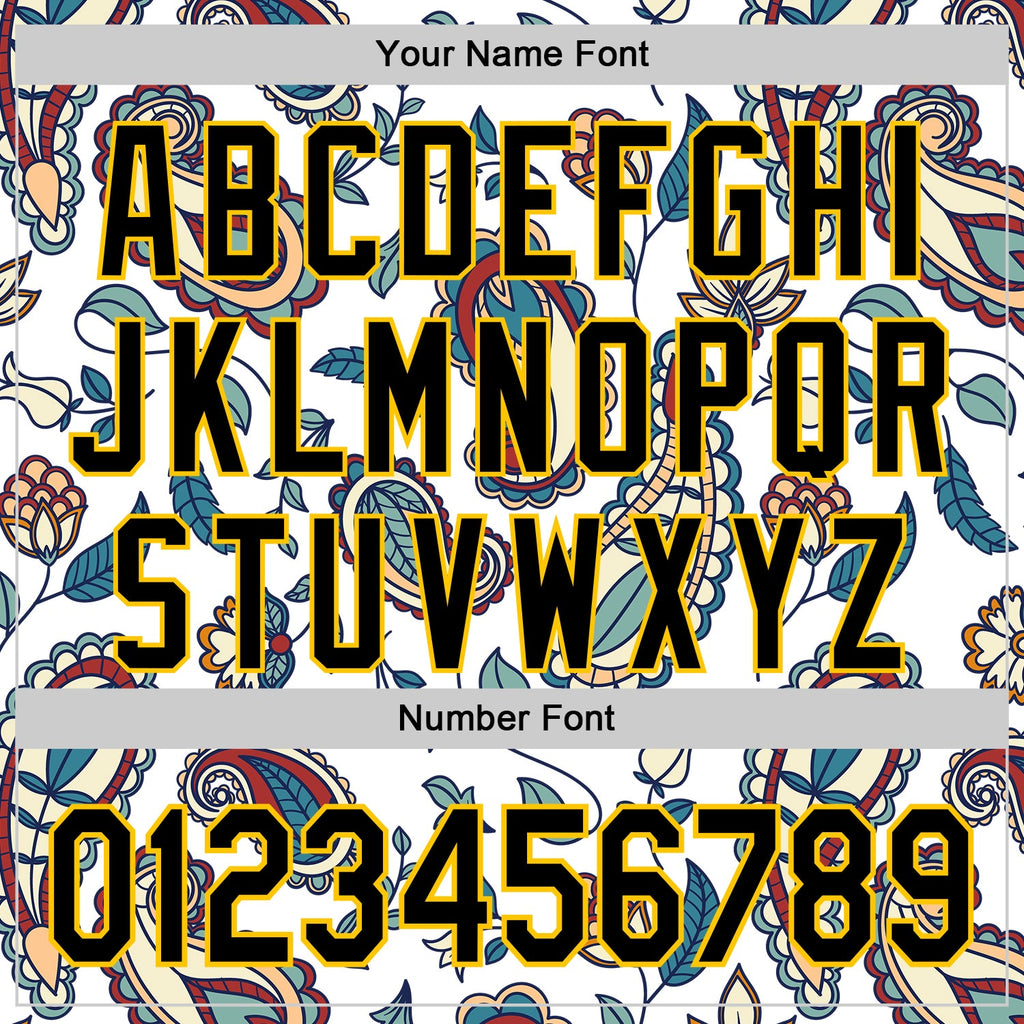 Custom White Black-Yellow 3D Pattern Design Burner Costumes Paisley Bandana Authentic Baseball Jersey