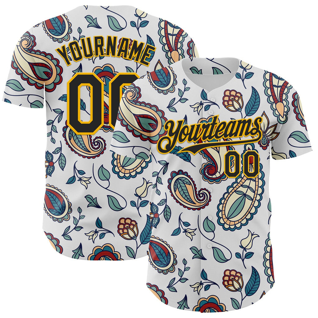 Custom White Black-Yellow 3D Pattern Design Burner Costumes Paisley Bandana Authentic Baseball Jersey