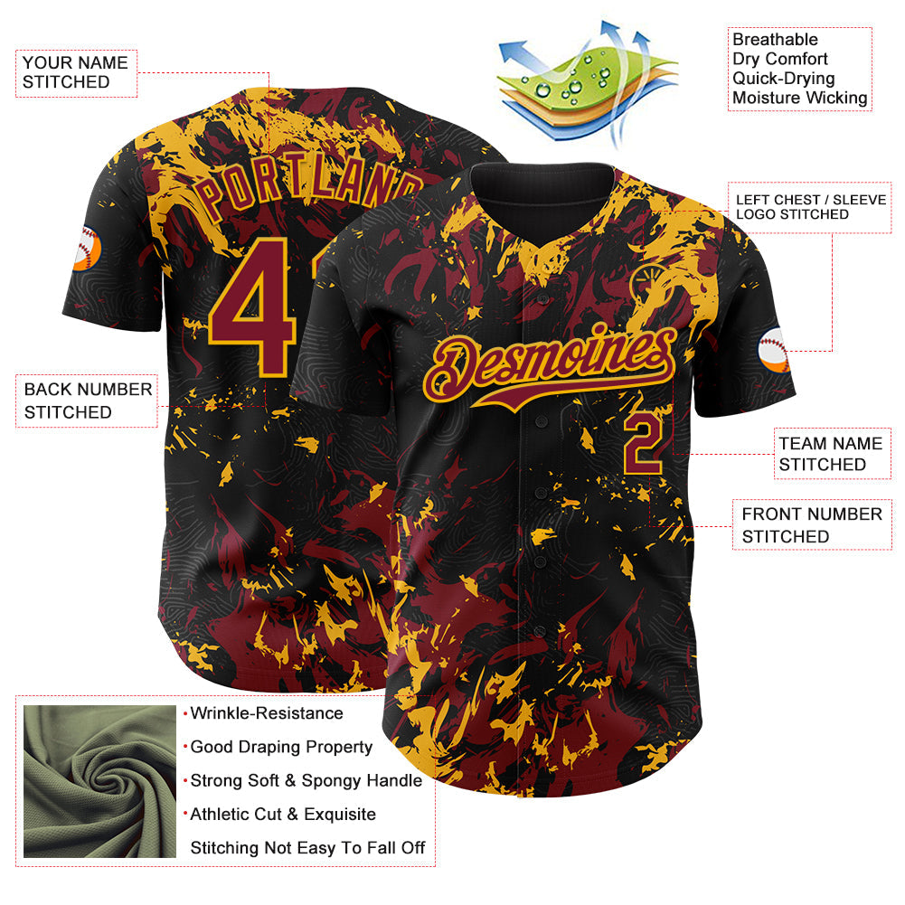 Custom Black Crimson-Gold Splash Authentic Baseball Jersey