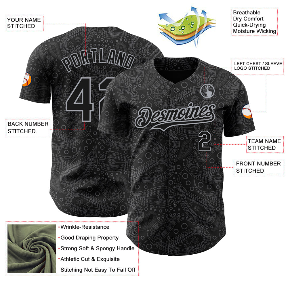 Custom Black Gray Rave Party Ethnic Paisley Bandana Authentic Baseball Jersey
