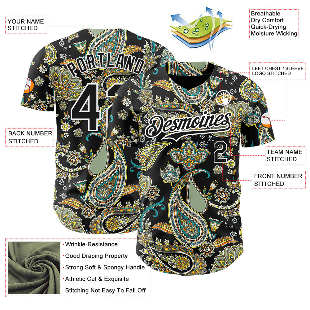 Custom Black White Rave Party Ethnic Paisley Bandana Authentic Baseball Jersey