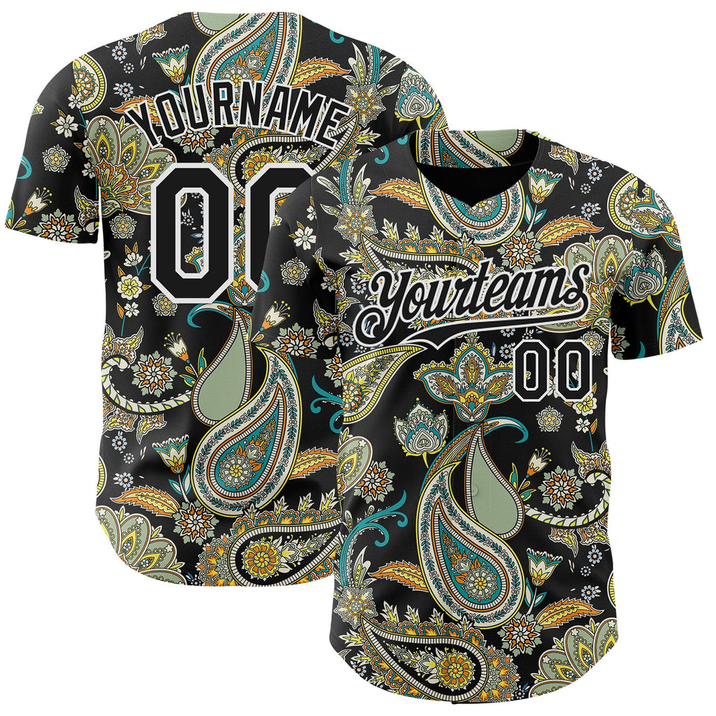 Custom Black White Rave Party Ethnic Paisley Bandana Authentic Baseball Jersey