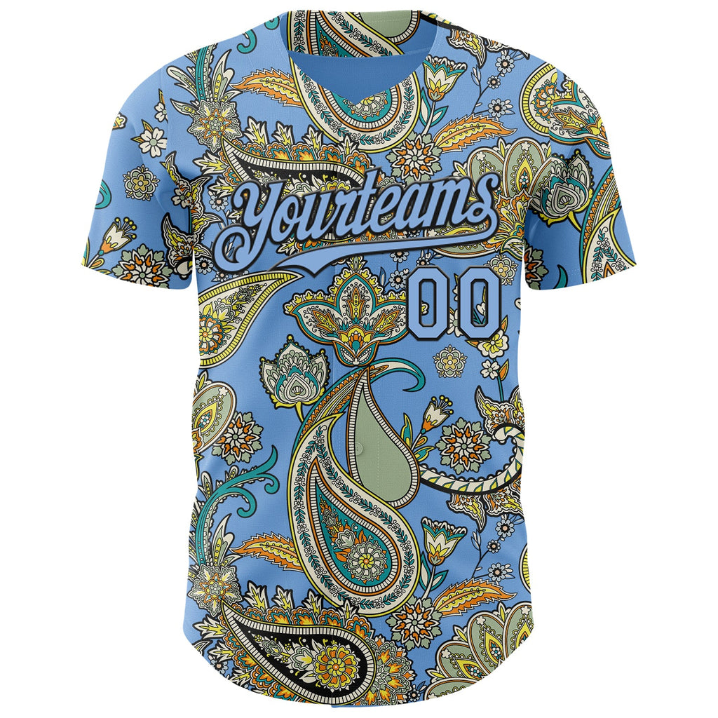 Custom Light Blue Black Rave Party Ethnic Paisley Bandana Authentic Baseball Jersey