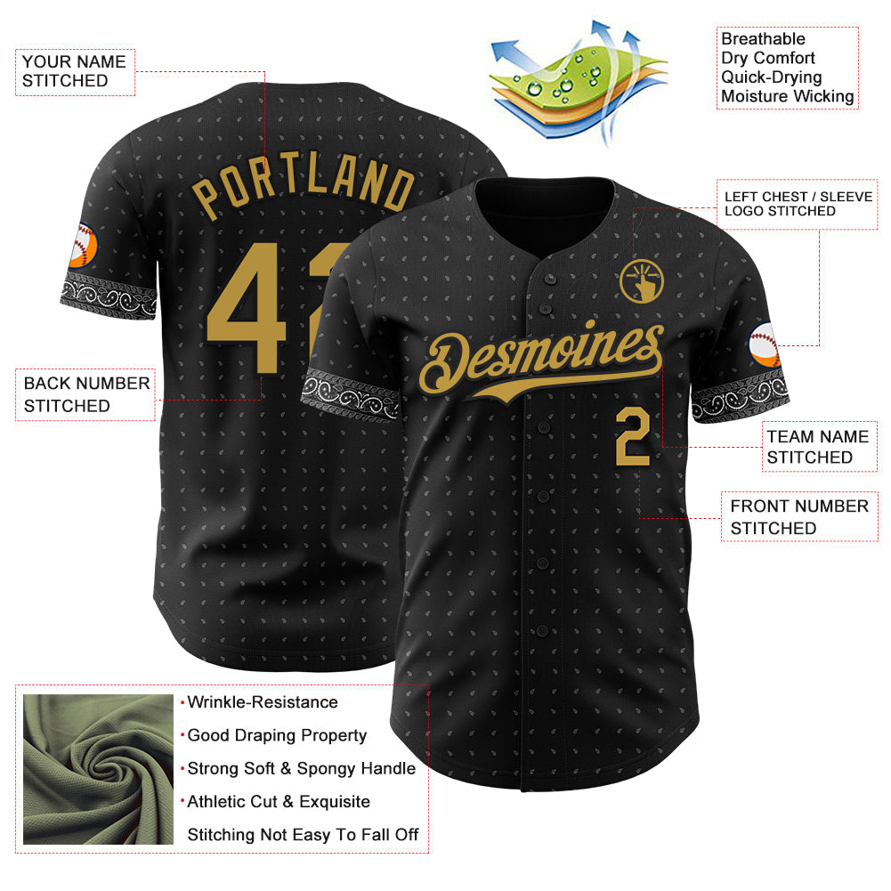 Custom Black Old Gold-Gray Rave Party Ethnic Paisley Bandana Authentic Baseball Jersey