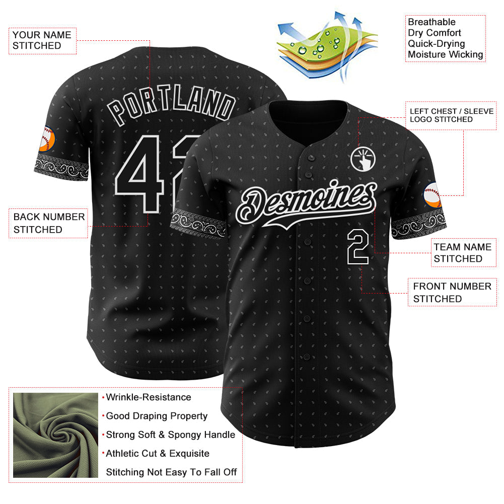 Custom Black Gray-White Rave Party Ethnic Paisley Bandana Authentic Baseball Jersey
