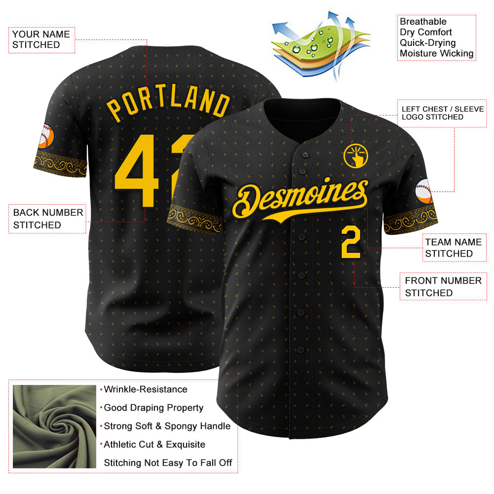 Custom Black Yellow Rave Party Ethnic Paisley Bandana Authentic Baseball Jersey