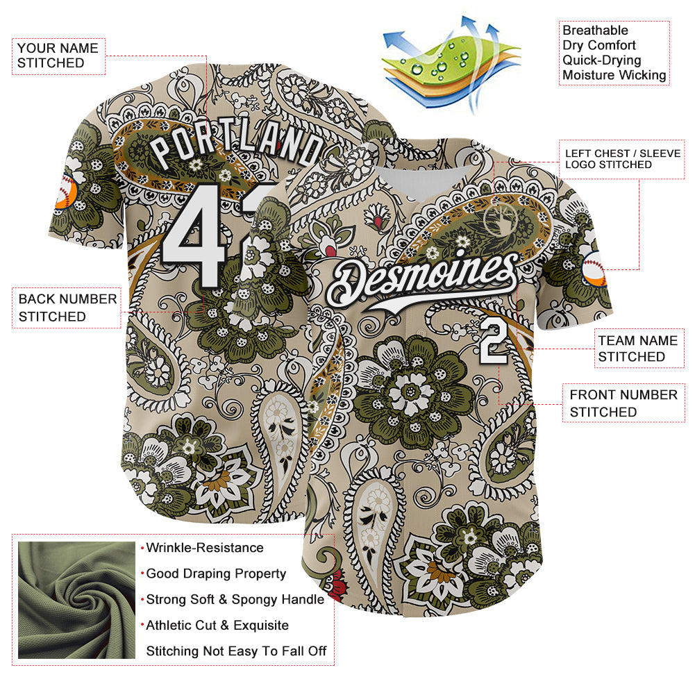 Custom City Cream White-Black Rave Party Ethnic Paisley Bandana Authentic Baseball Jersey