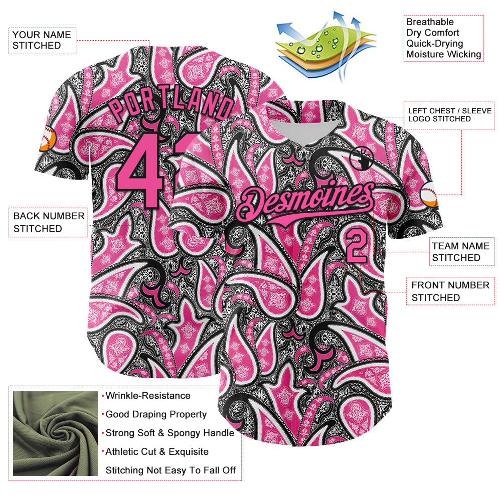 Custom Black Pink-White Rave Party Ethnic Paisley Bandana Authentic Baseball Jersey