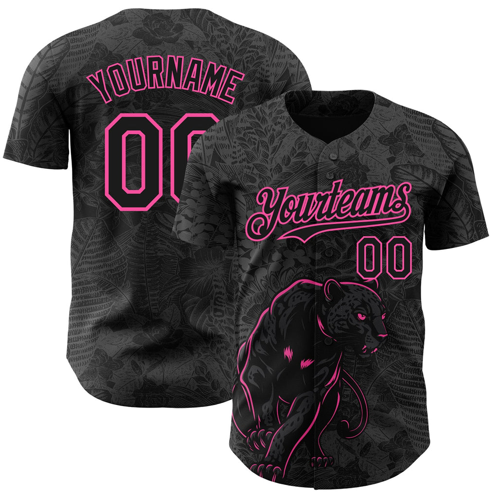 Custom Black Pink Hawaii Tropical Palm Leaves And Animal Leopard Authentic Baseball Jersey