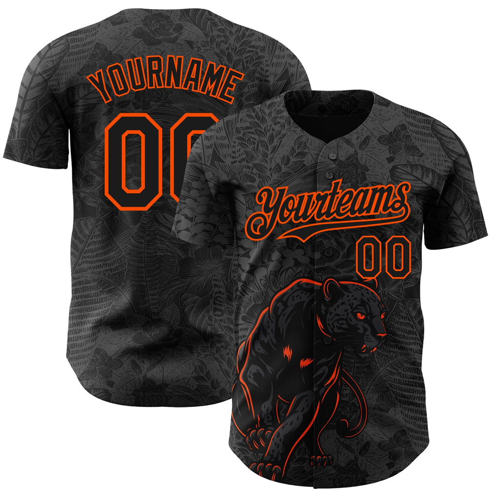 Custom Black Orange Hawaii Tropical Palm Leaves And Animal Leopard Authentic Baseball Jersey