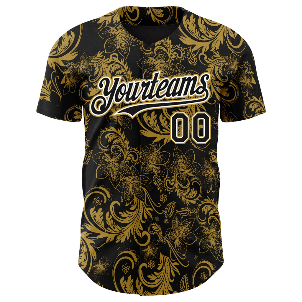 Custom Black Old Gold-White Flower Authentic Baseball Jersey