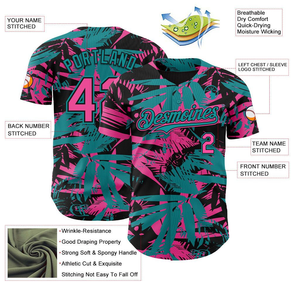 Custom Black Pink-Teal Hawaii Palm Leaves Authentic Baseball Jersey