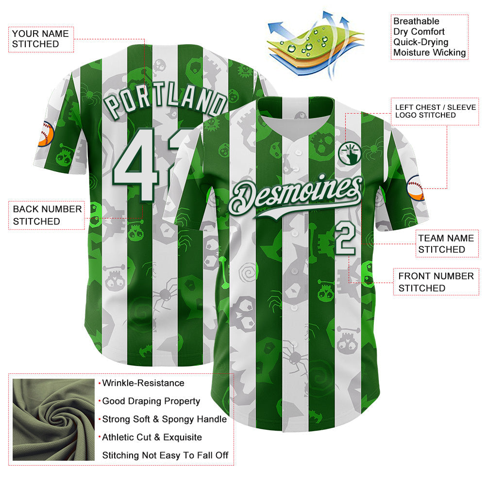 Custom White Green 3D Halloween Spooky Spider Stripe Authentic Baseball Jersey