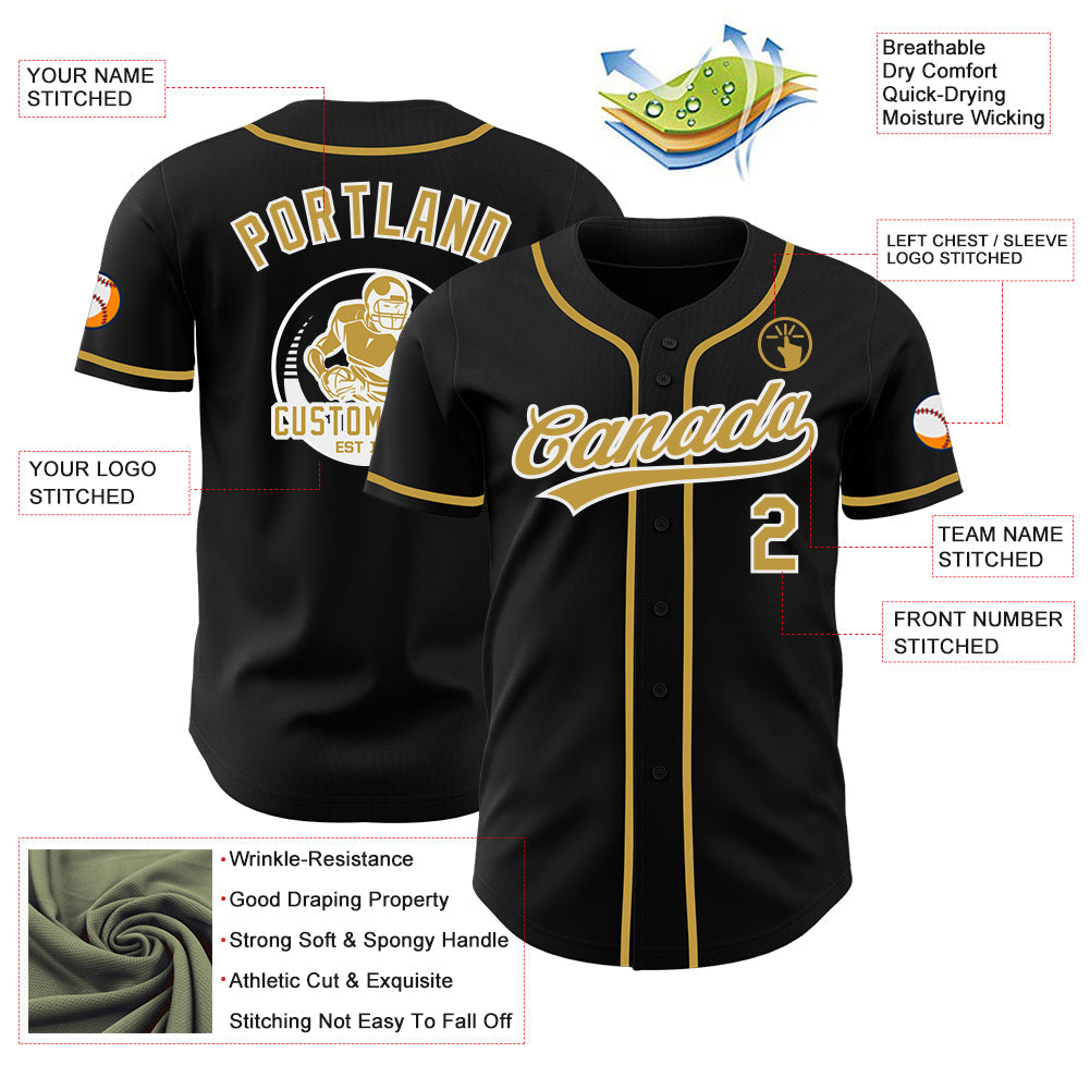 Custom Black Old Gold-White Authentic Baseball Jersey
