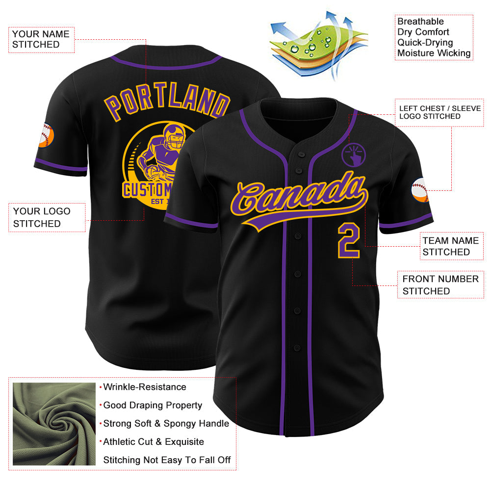 Custom Black Purple-Gold Authentic Baseball Jersey