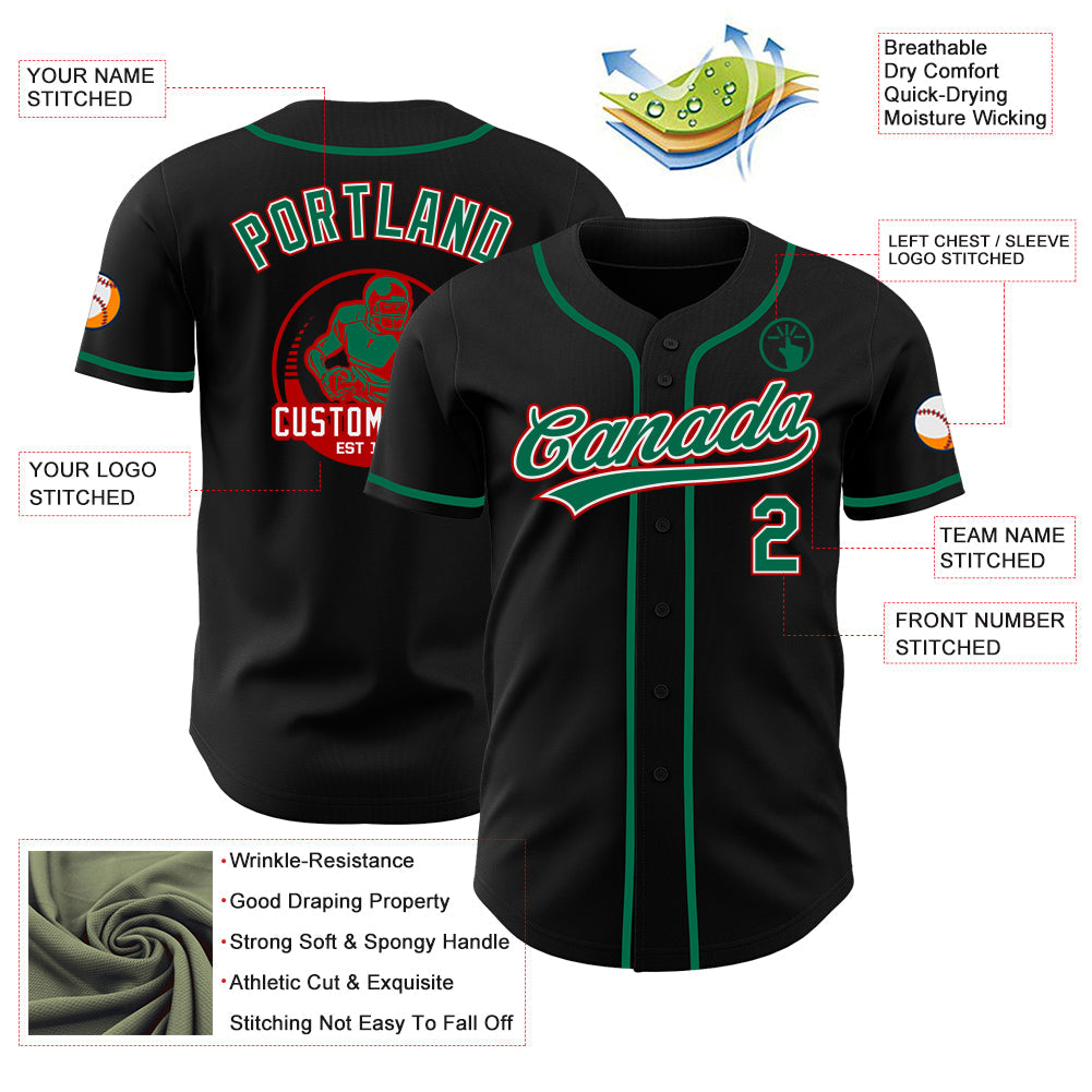 Custom Black Kelly Green White-Red Authentic Baseball Jersey
