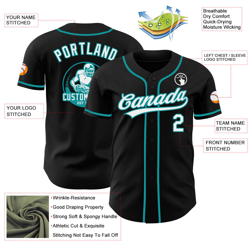 Custom Black White-Teal Authentic Baseball Jersey