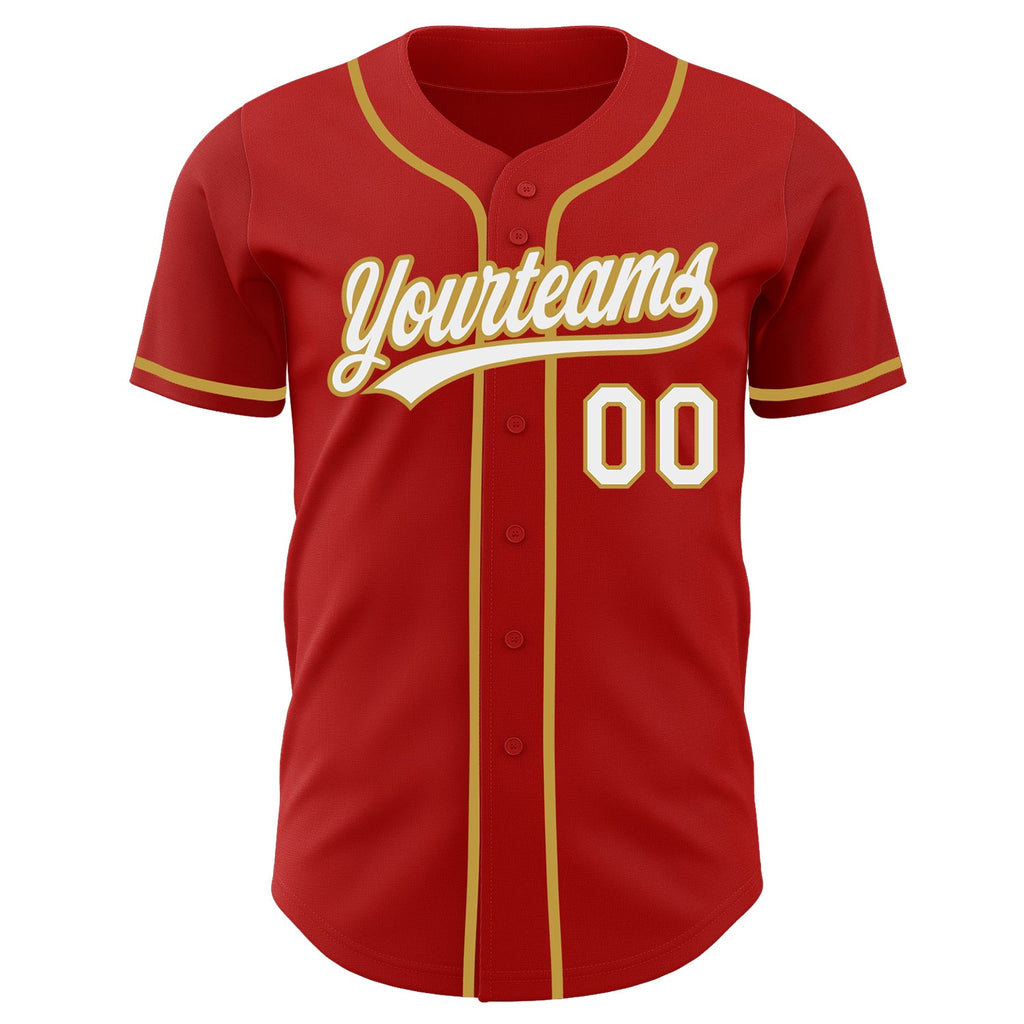 Custom Red White-Old Gold Authentic Baseball Jersey