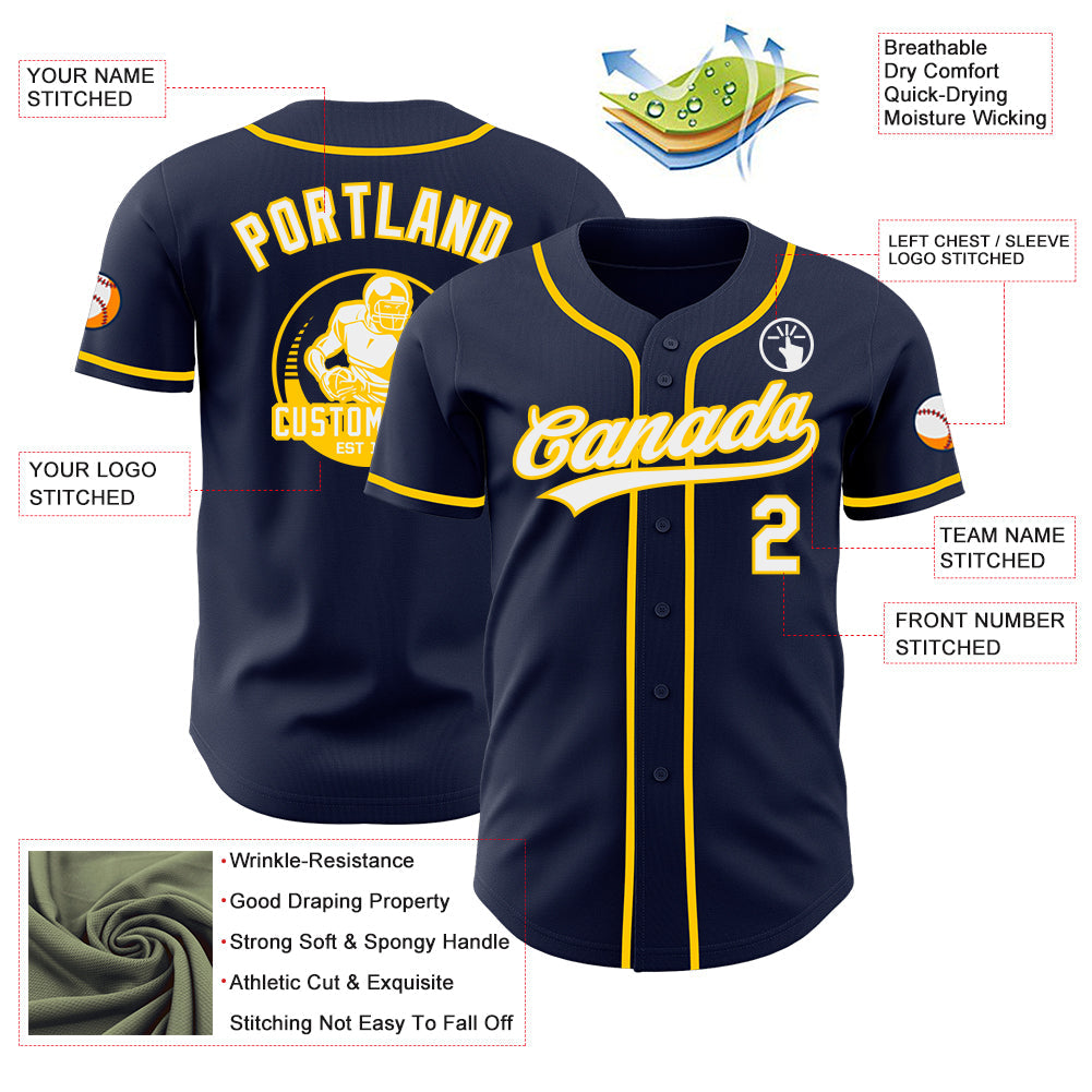 Custom Navy White-Yellow Authentic Baseball Jersey