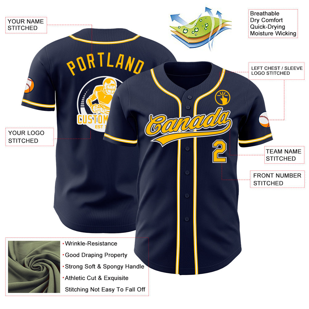 Custom Navy Gold-White Authentic Baseball Jersey