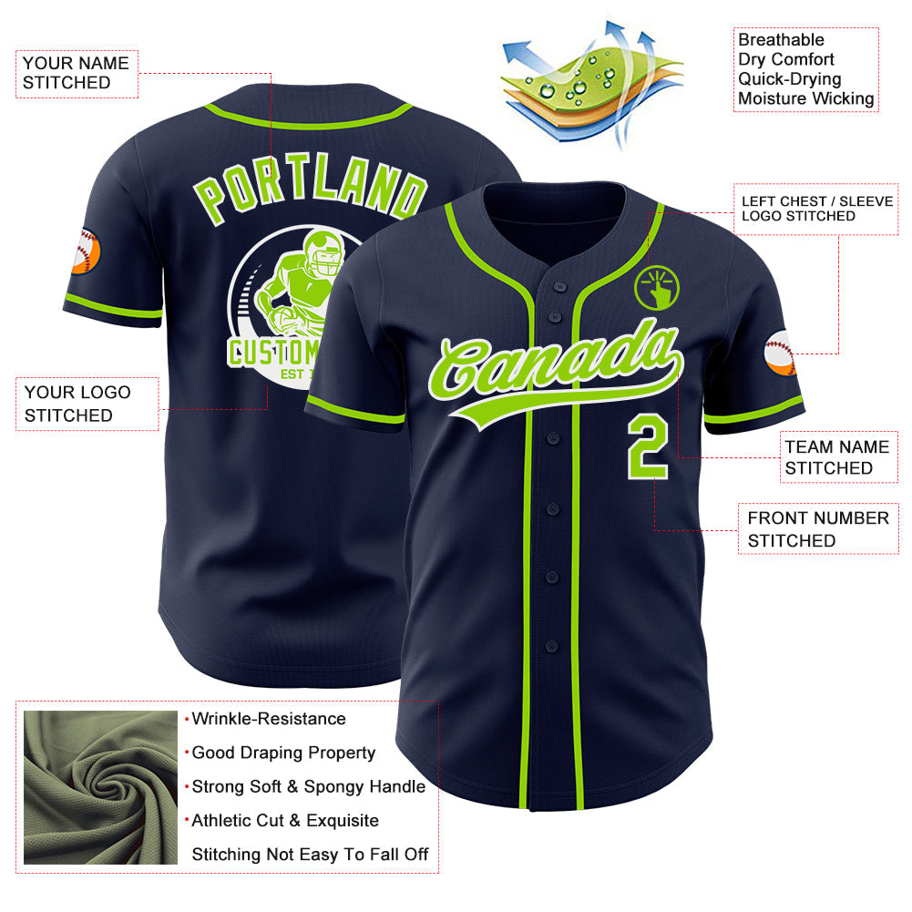 Custom Navy Neon Green-White Authentic Baseball Jersey