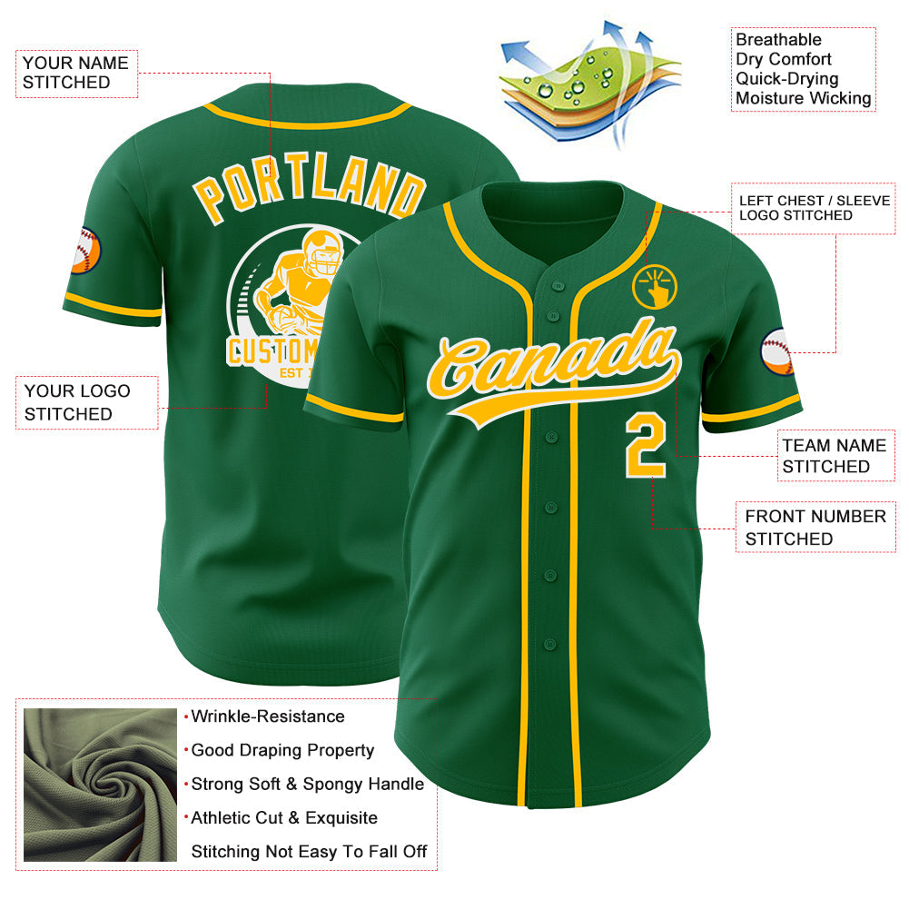 Custom Kelly Green Gold-White Authentic Baseball Jersey