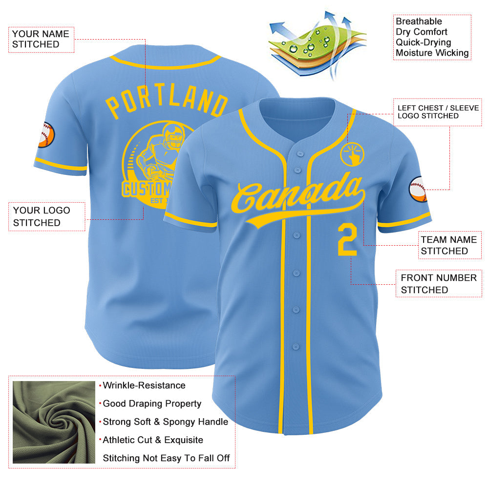 Custom Light Blue-Yellow Authentic Baseball Jersey