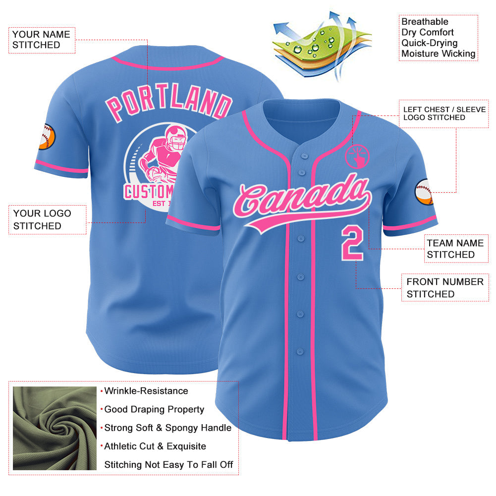 Custom Powder Blue Pink-White Authentic Baseball Jersey