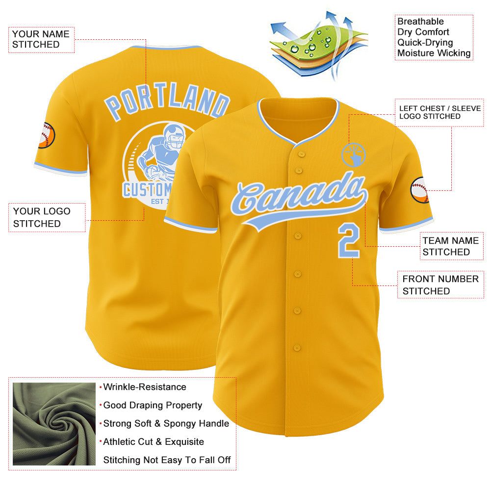 Custom Gold Light Blue-White Authentic Baseball Jersey