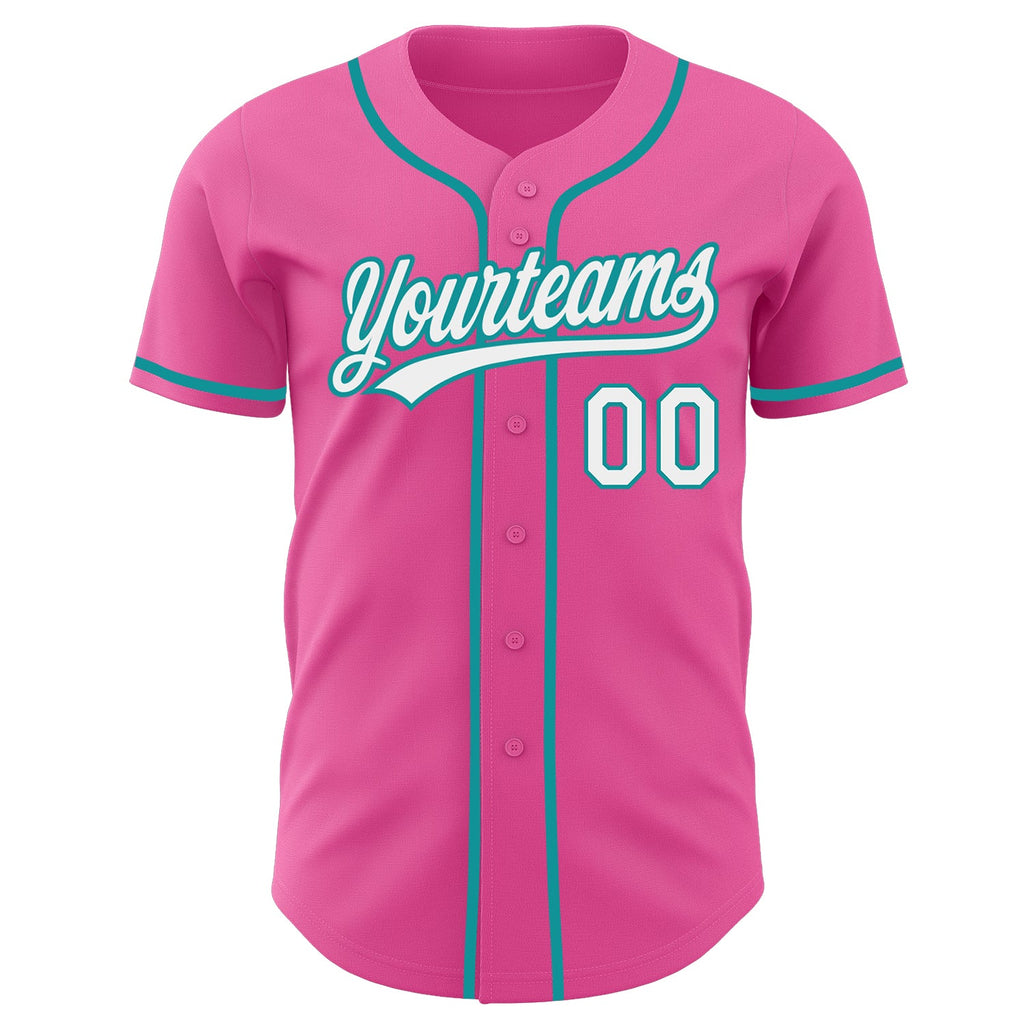 Custom Pink White-Teal Authentic Baseball Jersey