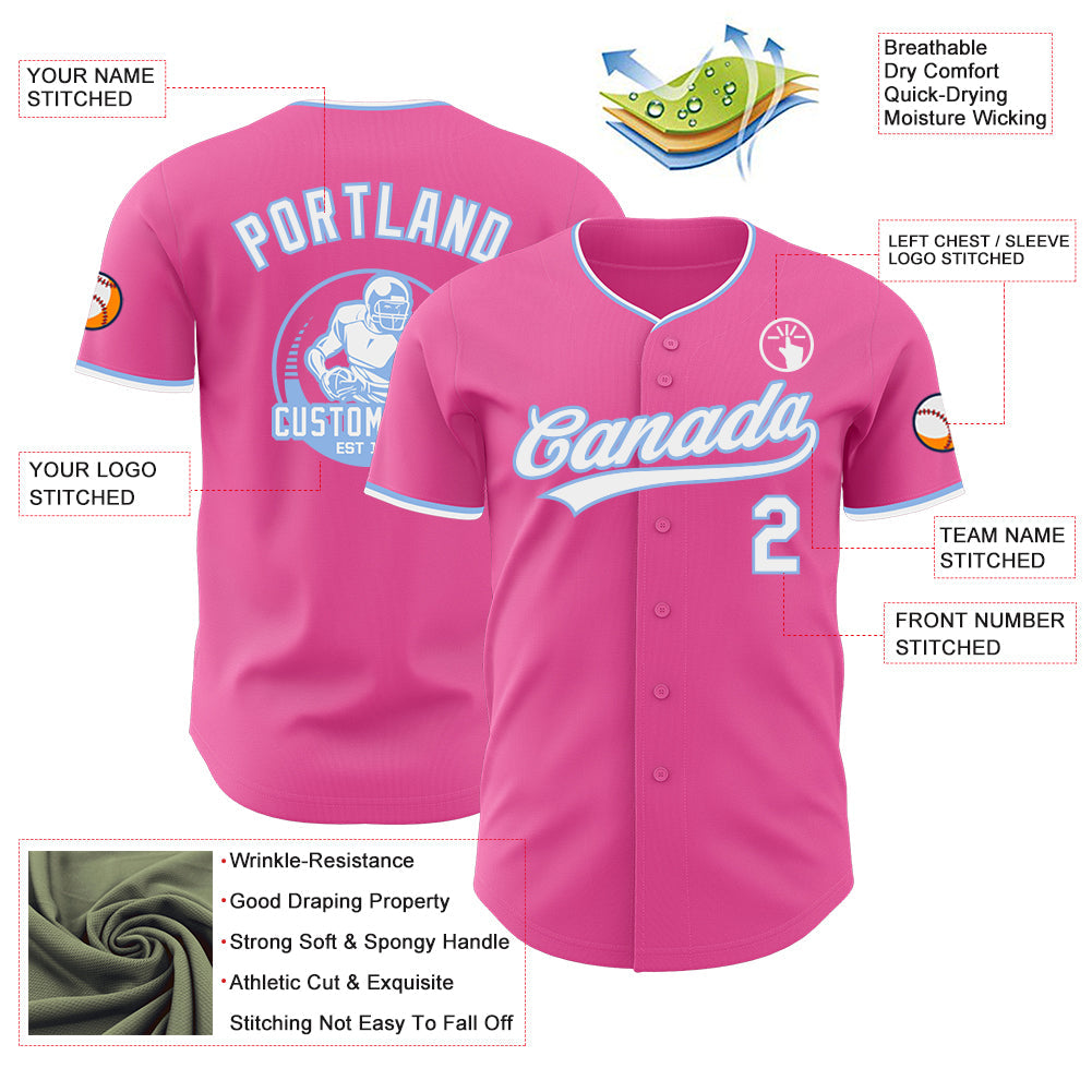 Custom Pink White-Light Blue Authentic Baseball Jersey