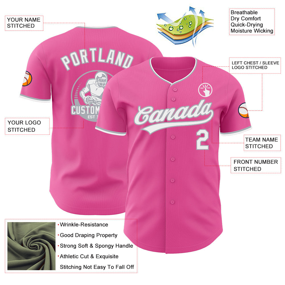 Custom Pink White-Gray Authentic Baseball Jersey