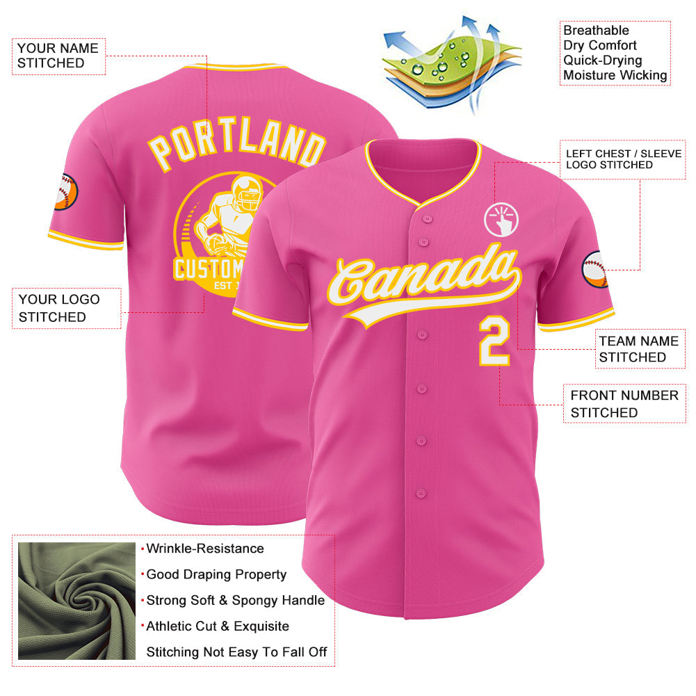 Custom Pink White-Yellow Authentic Baseball Jersey