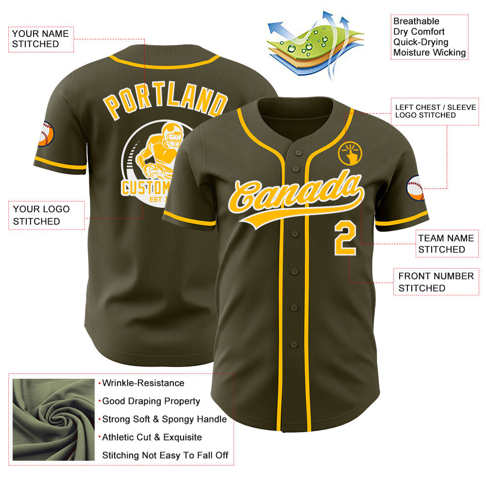 Custom Olive Gold-White Authentic Baseball Jersey