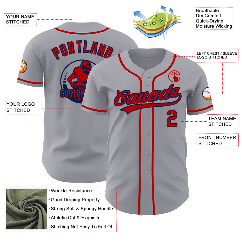 Custom Gray Red-Navy Authentic Baseball Jersey