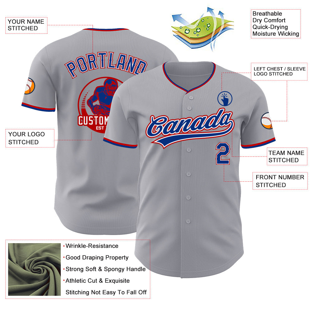 Custom Gray Royal White-Red Authentic Baseball Jersey