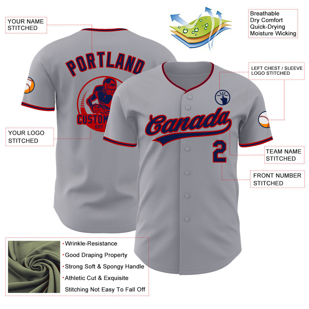 Custom Gray Navy-Red Authentic Baseball Jersey