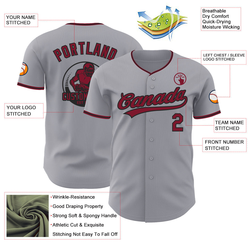 Custom Gray Crimson-Black Authentic Baseball Jersey