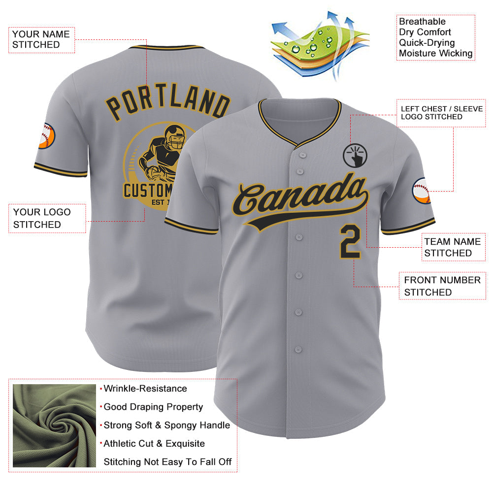 Custom Gray Black-Old Gold Authentic Baseball Jersey