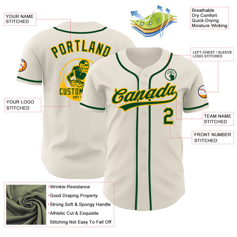 Custom Cream Green-Gold Authentic Baseball Jersey