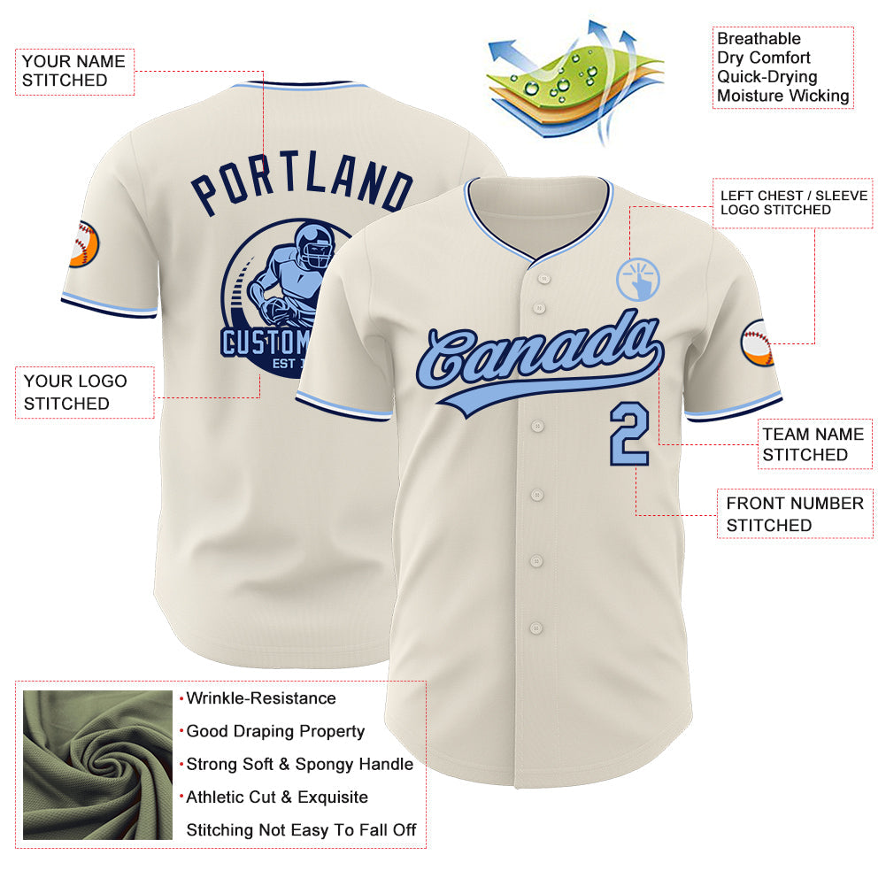 Custom Cream Light Blue Navy-White Authentic Baseball Jersey