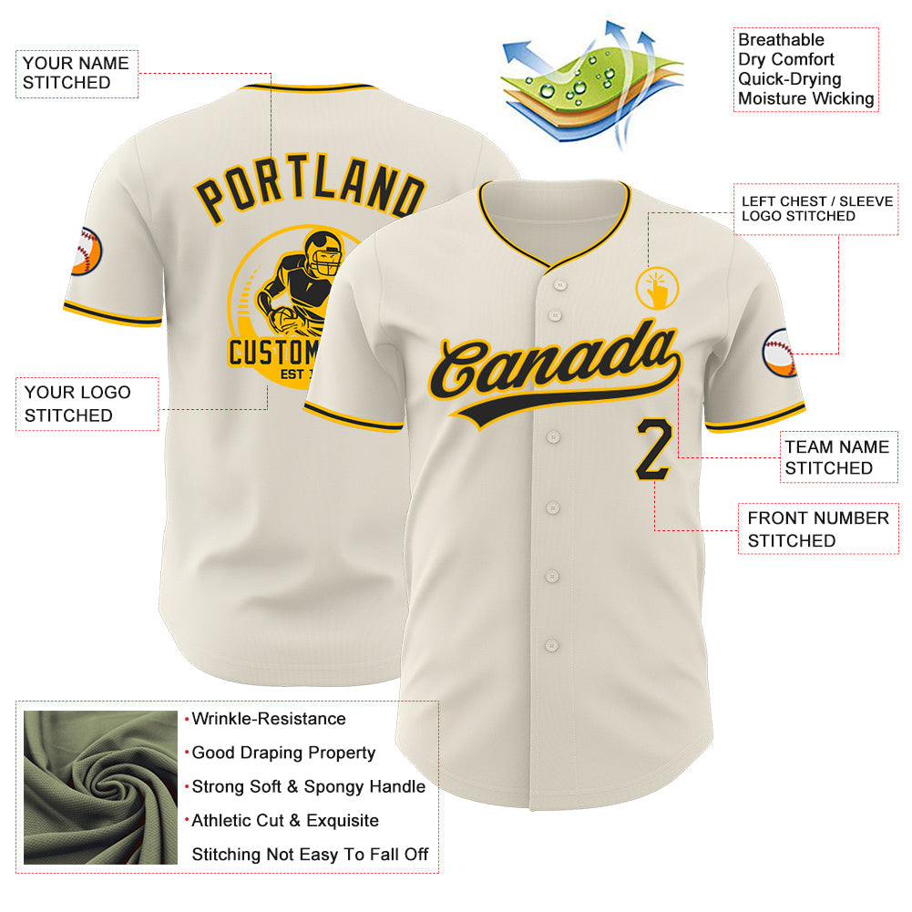Custom Cream Black-Gold Authentic Baseball Jersey