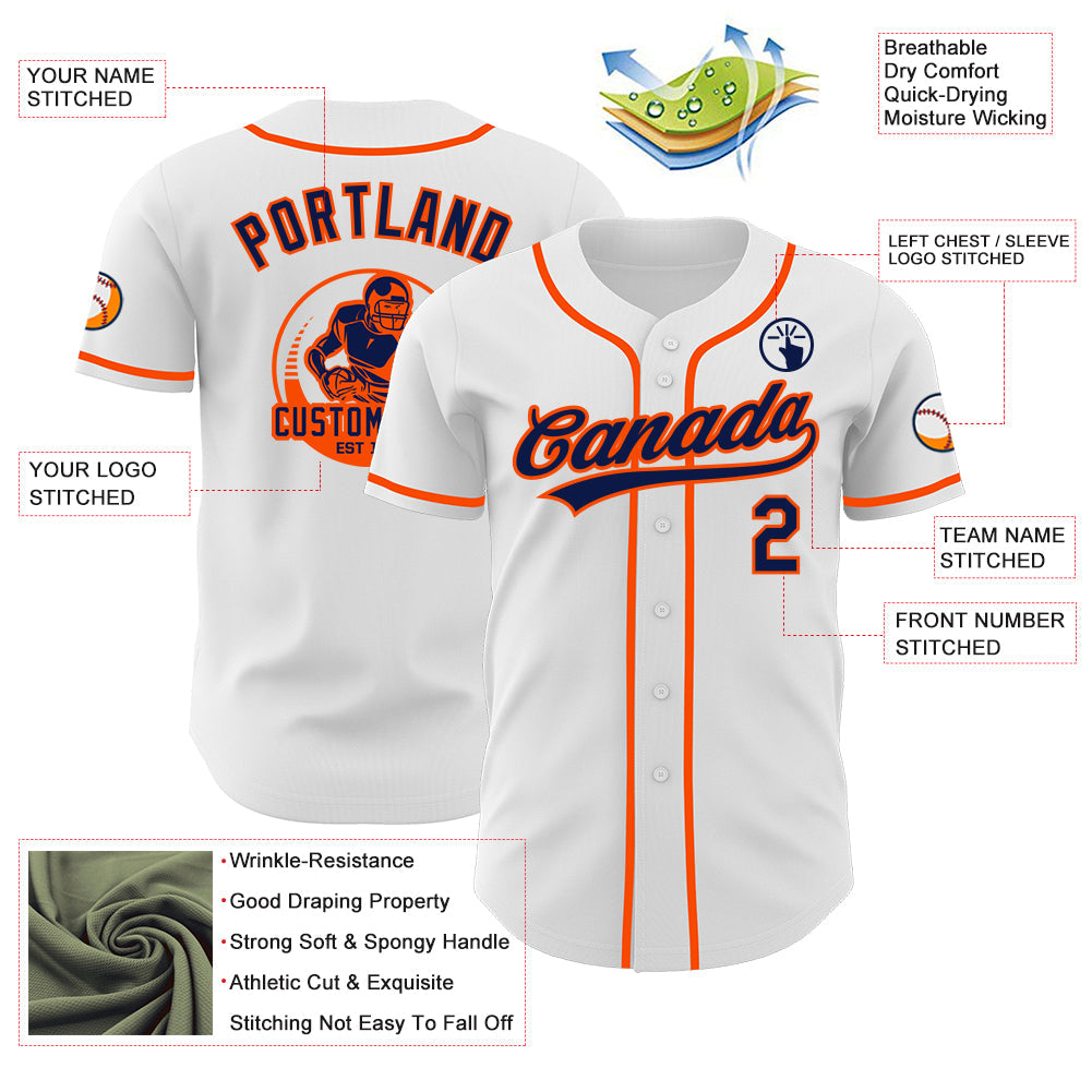 Custom White Navy-Orange Authentic Baseball Jersey